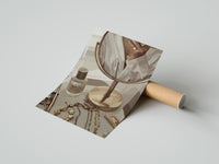 Gently curled Vanity Mirror with Perfume and Jewelry print beside its protective shipping tube
