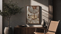 Vanity Mirror with Perfume and Jewelry poster framed above a fluted sideboard beside a potted tree