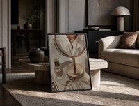Vanity Mirror with Perfume and Jewelry print on the floor, leaning against a travertine table