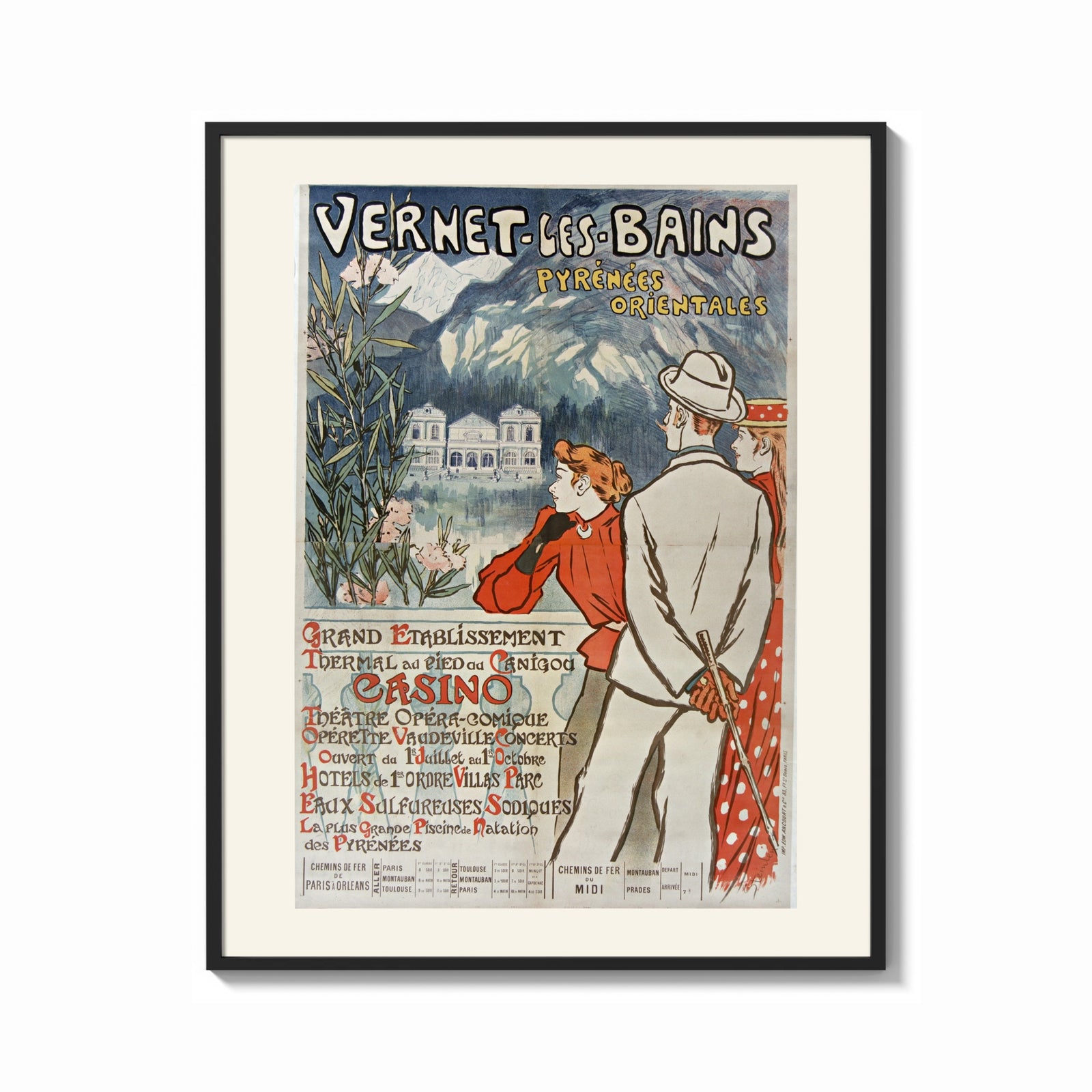 Framed elegant couple viewing spa resort print shown as a bold statement piece on a clean gallery wall