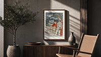 Elegant couple viewing spa resort poster framed above a fluted sideboard beside an olive tree