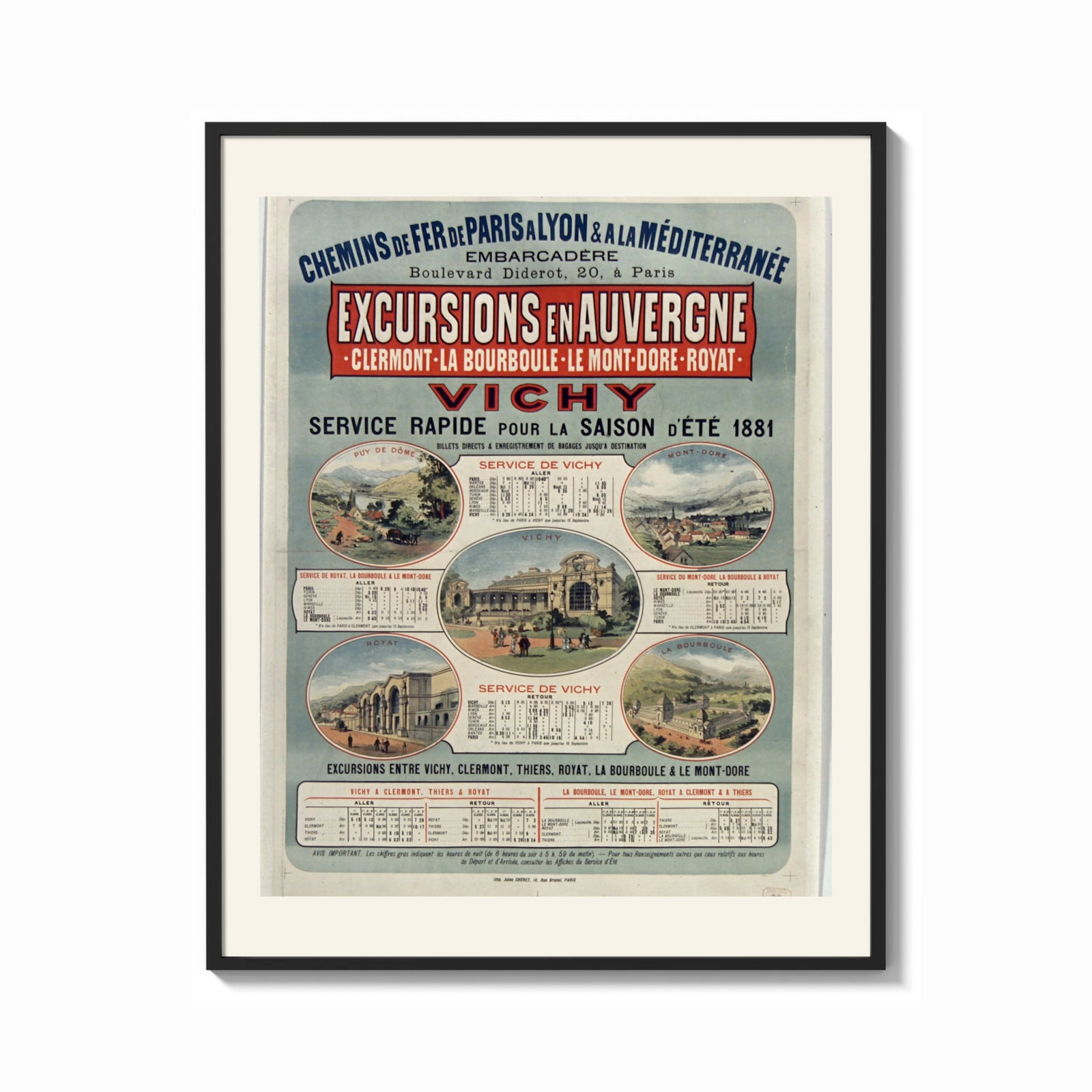 Framed French railway travel timetable poster print shown as a bold statement piece on a clean gallery wall