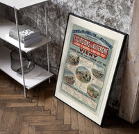French railway travel timetable poster in a black frame leaning beside a shelf in a raw-plaster loft