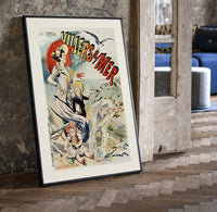 Elegant woman with red parasol and children print in a black frame leaning beside a vintage door on parquet