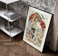 Elegant woman with red parasol and children poster in a black frame leaning beside a shelf in a raw-plaster loft