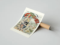 Rolled elegant woman with red parasol and children poster beside its crush-resistant kraft shipping tube