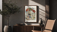 Elegant woman with red parasol and children poster framed above a fluted sideboard beside an olive tree