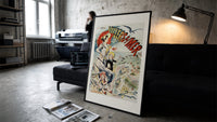 Elegant woman with red parasol and children print in a slim black frame leaning on a dark sofa in a concrete print studio