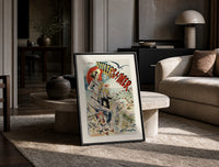 Elegant woman with red parasol and children print in a black frame leaning on a travertine table in a sunlit lounge