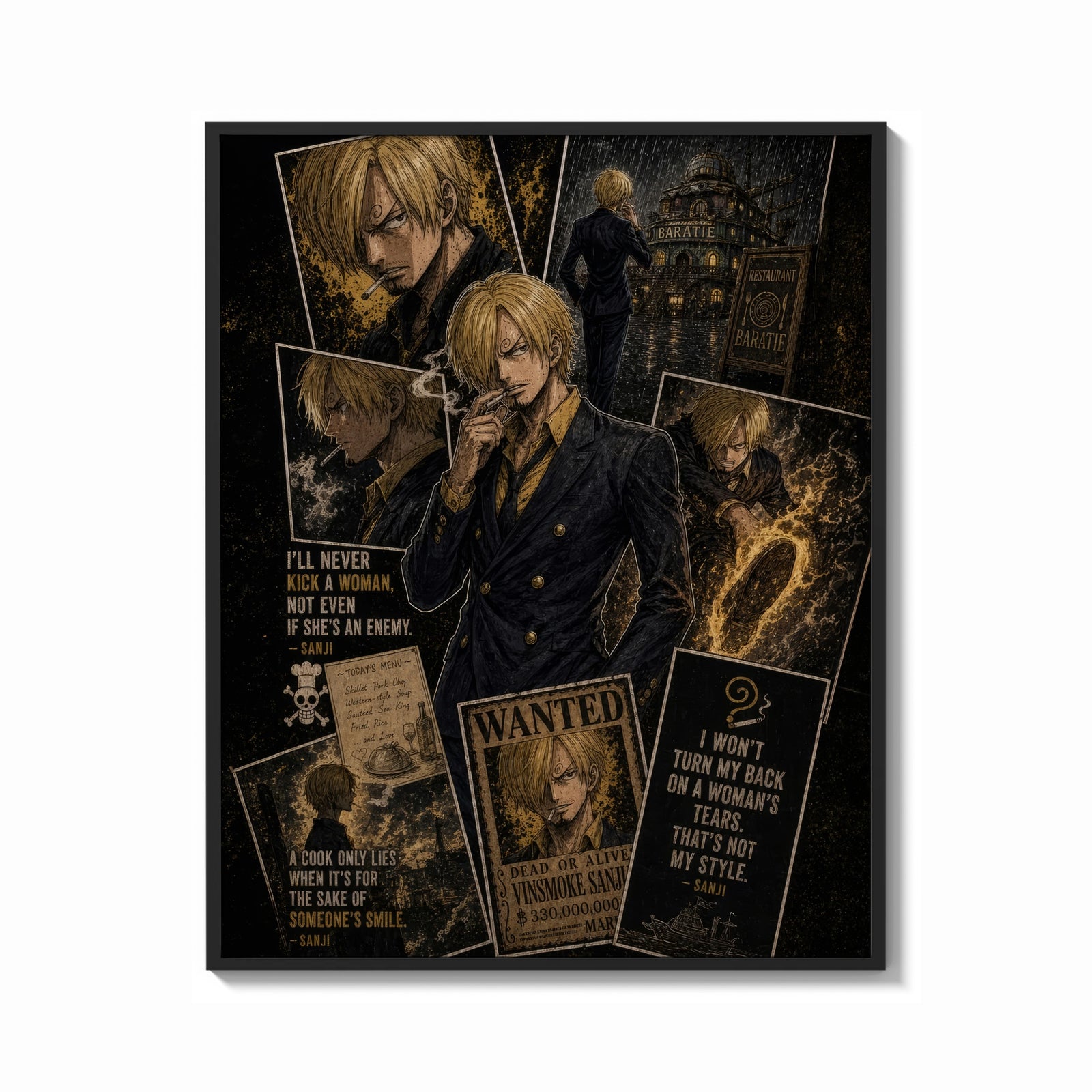 Framed Sanji smoking in black suit print shown as a bold statement piece on a clean gallery wall