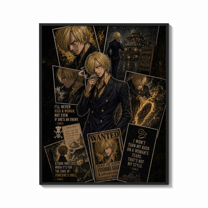 Framed Sanji smoking in black suit print shown as a bold statement piece on a clean gallery wall