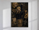 Sanji smoking in black suit poster in a slim frame on a bright wall with soft window light