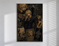 Sanji smoking in black suit poster in a slim frame on a bright wall with soft window light