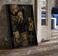 Sanji smoking in black suit print in a black frame leaning beside a vintage door on parquet