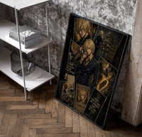 Sanji smoking in black suit poster in a black frame leaning beside a shelf in a raw-plaster loft