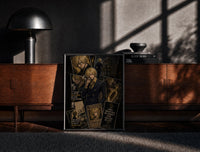 Black-framed Sanji smoking in black suit print on a moody console with designer coffee-table books