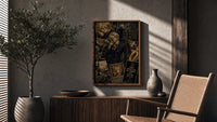 Sanji smoking in black suit poster framed above a fluted sideboard beside an olive tree