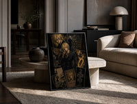 Sanji smoking in black suit print in a black frame leaning on a travertine table in a sunlit lounge