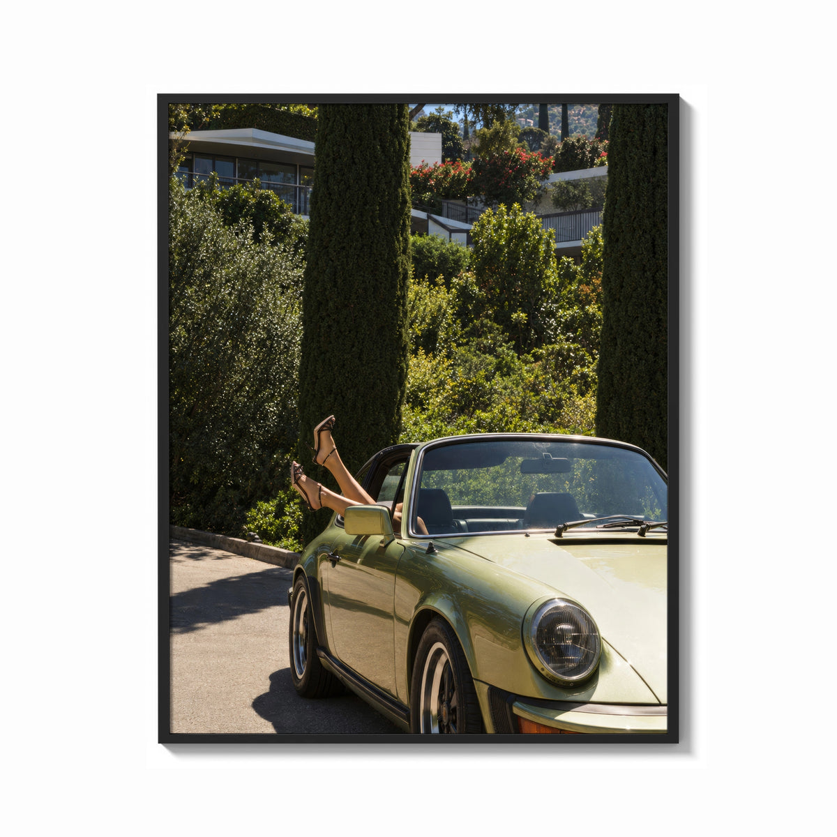 Framed Vintage Green 911 Targa at the Villa print shown as a bold statement piece on a clean gallery wall