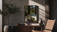 Vintage Green 911 Targa at the Villa poster framed above a fluted sideboard beside a potted tree