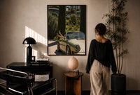 Vintage Green 911 Targa at the Villa print in a black frame on a sunlit wall with a viewer
