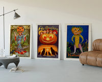Vintage Halloween pumpkin-headed figures three-panel set displayed beside a brown leather sofa