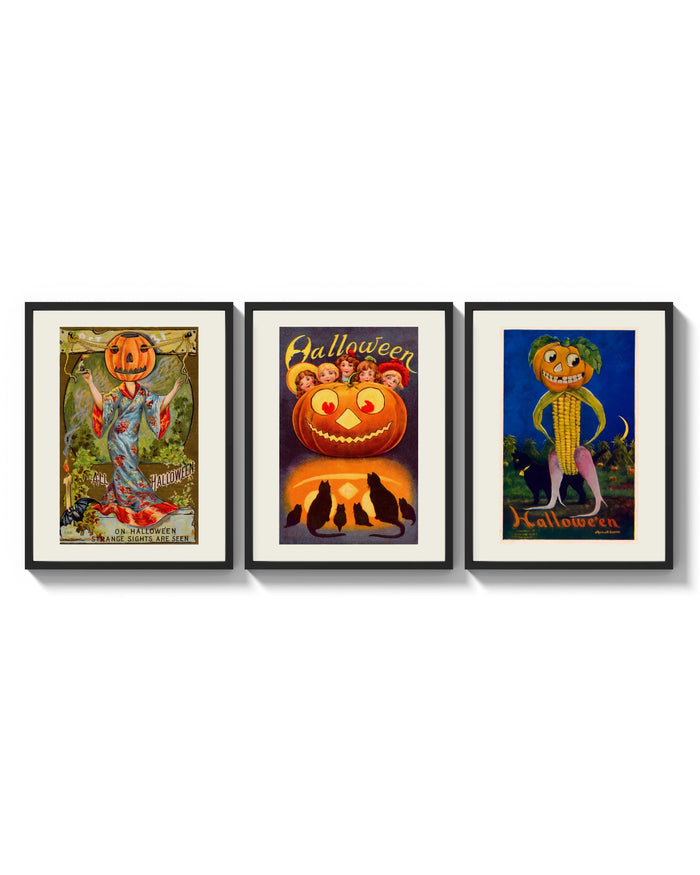 Vintage Halloween pumpkin-headed figures three-panel set arranged as a triptych on a bright gallery wall