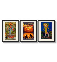 Vintage Halloween pumpkin-headed figures three-panel set arranged as a triptych on a bright gallery wall