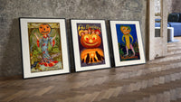 Vintage Halloween pumpkin-headed figures three-piece set leaning on parquet beside a vintage loft door