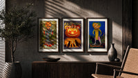 Vintage Halloween pumpkin-headed figures triptych in three walnut frames above a sideboard in a warm room