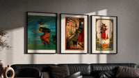 Vintage Halloween witches and black cats triptych in three black frames on a grey wall above a leather sofa