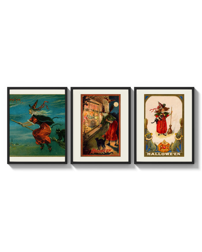 Vintage Halloween witches and black cats three-panel set arranged as a triptych on a bright gallery wall