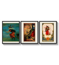 Vintage Halloween witches and black cats three-panel set arranged as a triptych on a bright gallery wall