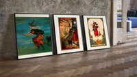 Vintage Halloween witches and black cats three-piece set leaning on parquet beside a vintage loft door