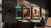 Vintage Halloween witches and black cats triptych in three walnut frames above a sideboard in a warm room