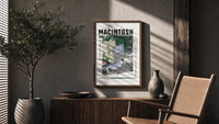 Vintage Macintosh computer with plants poster framed above a fluted sideboard beside an olive tree