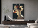 vintage tennis serve poster framed above a wood console in a concrete-wall living room