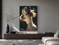 vintage tennis serve poster framed above a wood console in a concrete-wall living room