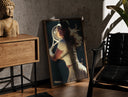 Walnut-framed vintage tennis serve print leaning against a sunlit rustic brick wall