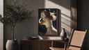 vintage tennis serve poster framed above a fluted sideboard beside an olive tree