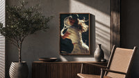 vintage tennis serve poster framed above a fluted sideboard beside an olive tree