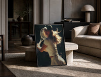 vintage tennis serve print in a black frame leaning on a travertine table in a sunlit lounge