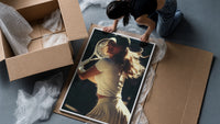 vintage tennis serve framed print being unpacked from protective bubble wrap and a box