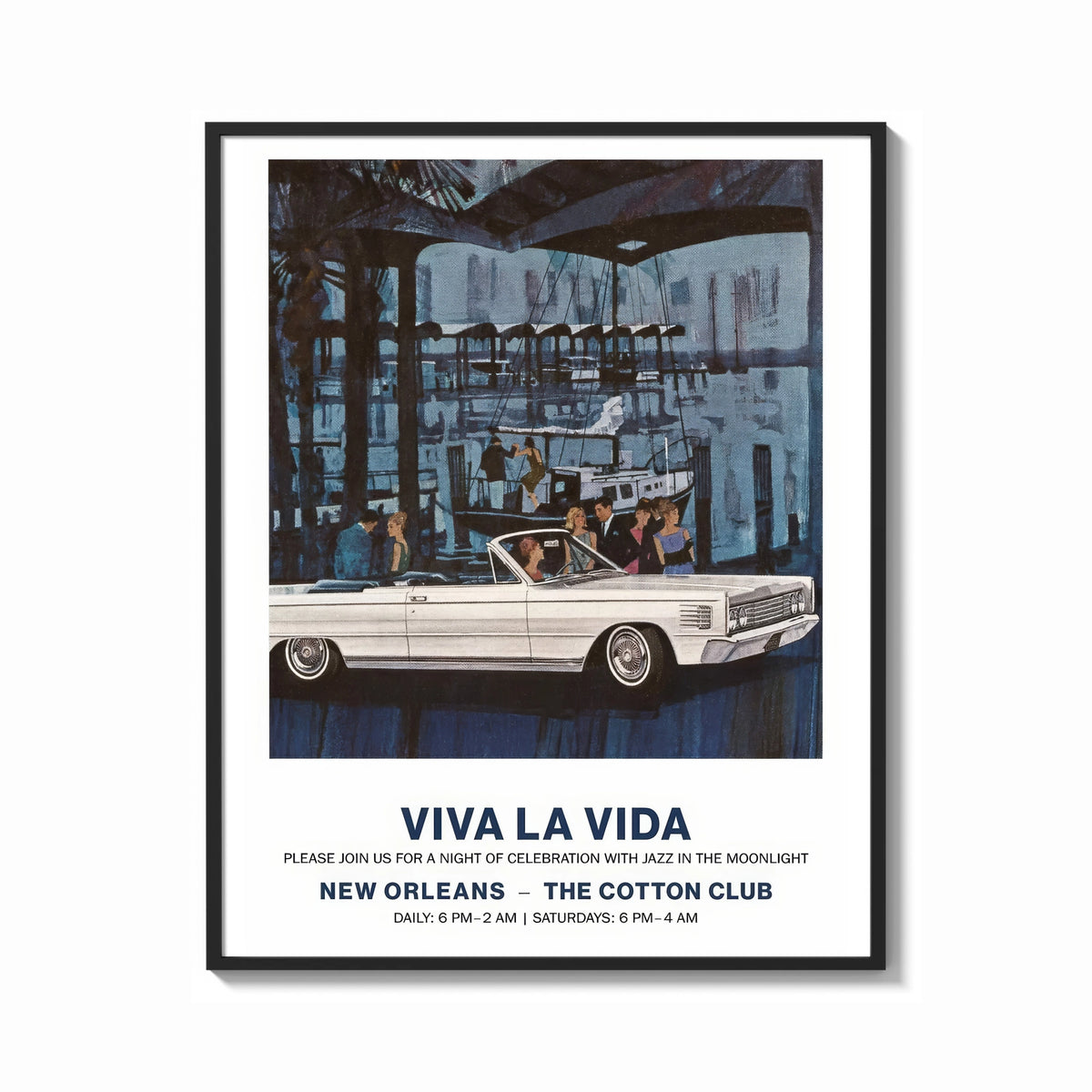Framed White convertible car with elegant couples print shown as a bold statement piece on a clean gallery wall