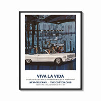 Framed White convertible car with elegant couples print shown as a bold statement piece on a clean gallery wall