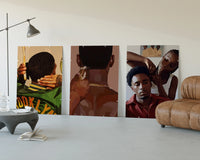 Waves, Line-Up and Braids Set of 3 displayed beside a brown leather sofa