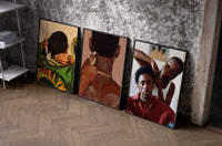 Waves, Line-Up and Braids Set of 3 as black-framed prints leaning against a raw-plaster wall