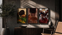 Waves, Line-Up and Braids Set of 3 in walnut frames above a sideboard in a warm room