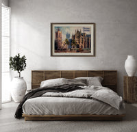 Westminster Abbey and St Margaret's Church print in a dark wood frame above a rattan bed on a plaster wall