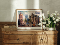 Westminster Abbey and St Margaret's Church print in an oak frame on a farmhouse dresser beside white tulips